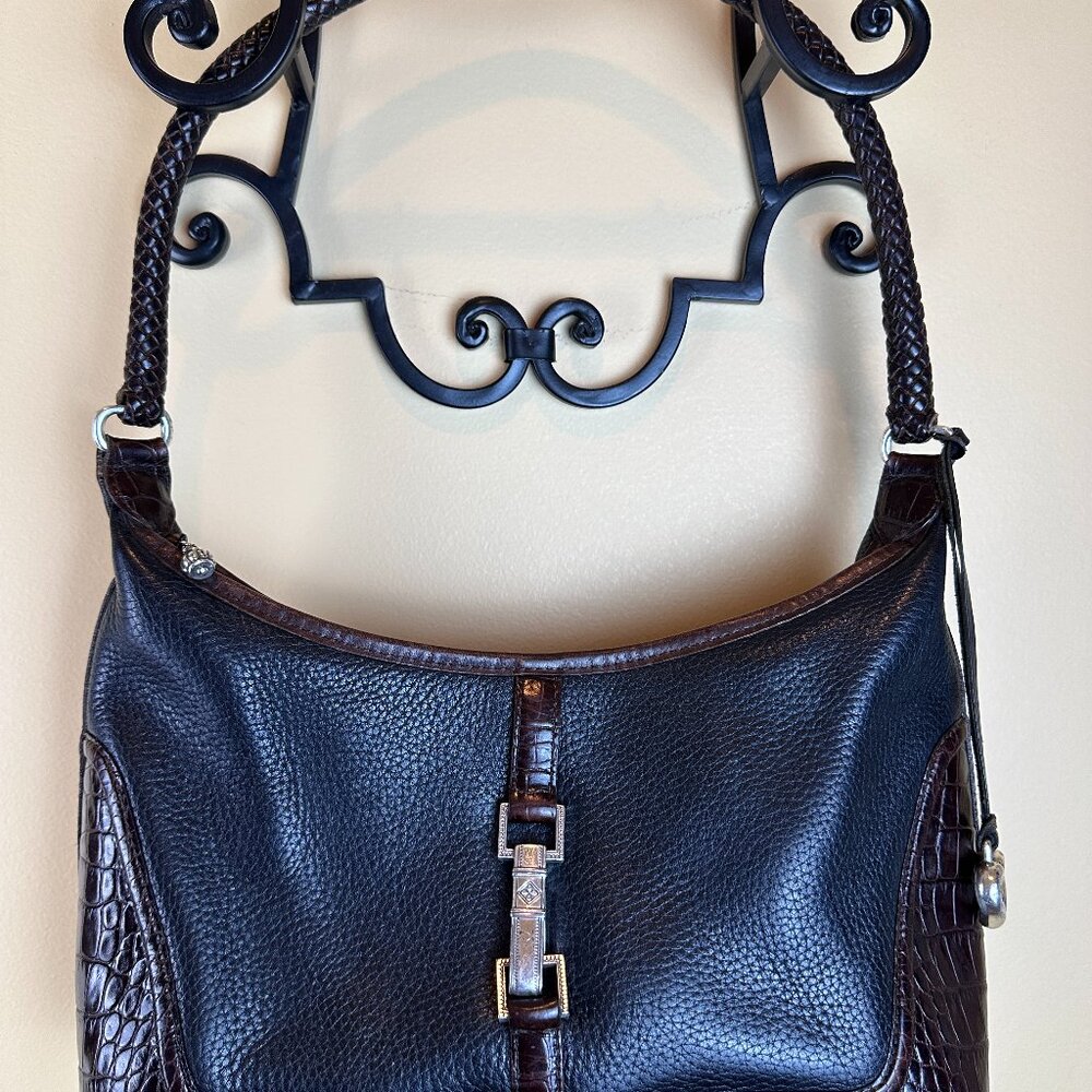 Brighton leather purse handbag 266200 black brown pebble. Braided handle. NICE!